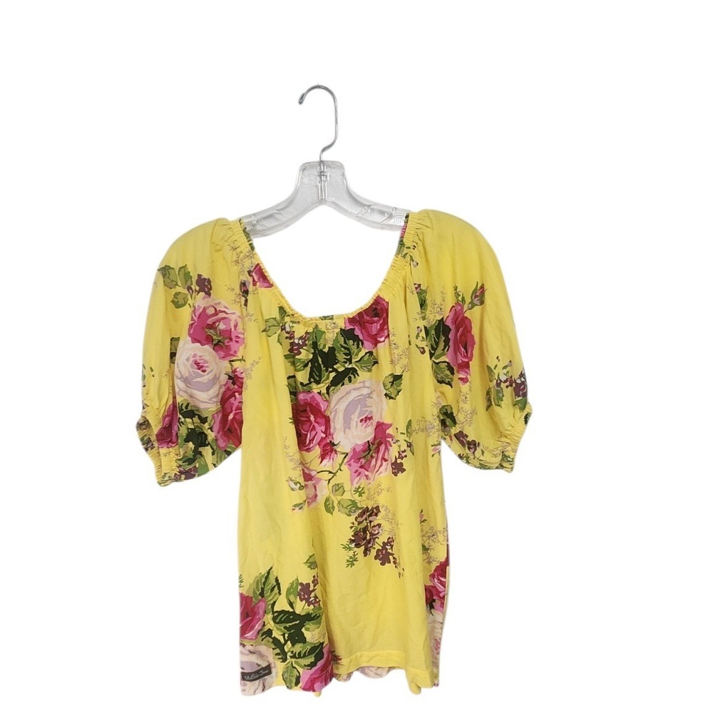 Matilda Jane Floral Puff Sleeve Top Womens XS Yellow Pink Rose Peasant Blouse EX